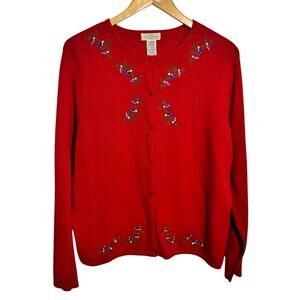 Yarnworks Sweater Women XL Red Christmas Light Embroidery Holiday Grandmacore